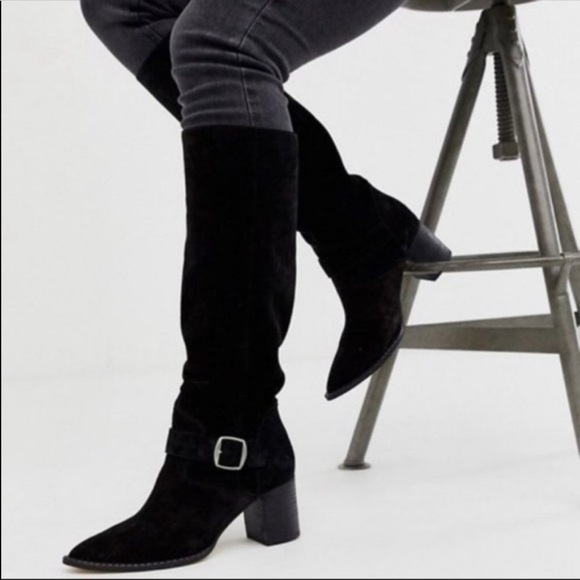 Free People Dahlia Slouch Boot Black Suede Size EU 36/US 6 Buckle High Heel NIB